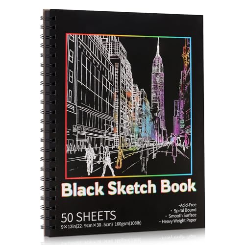 Black Paper Sketchbook 9 × 12 in, 50 Sheets, 160gsm, Spiral Bound | Acid-Free Black Paper, Heavyweight 108 Lb, Clean-Tear Pages, Hardcover, for Colored Pencil, Chalk & Gel Pens - size: 9×12 Inch (1 Pack )
