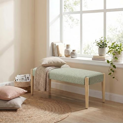 Usaint 42" End of Bed Bench with Wood Legs, Green with Oak Leg | Modern Upholstered Bedroom Bench with Rubberwood Legs, Entryway Bench with Cushion, Dining Bench for Living Room, Bedroom - color: Green With Oak Leg