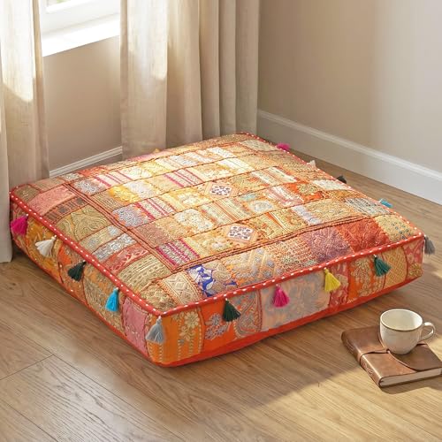 THE ART BOX 35" X 35" Large Boxed Shaped Premium Hypoallergenic Square Stuffer Best for Meditation Floor Pillow Cover, Mandala Ottoman Cushion Cover, Dog Beds, Lounger, Pet Beds - color: Orange