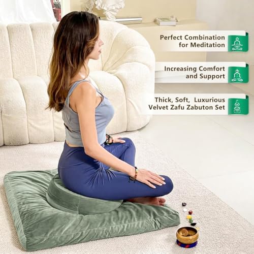 Hihealer Meditation Cushion, Traditional Tibetan Velvet Meditation Pillow | Buckwheat Yoga Bolster, Large Floor Cushion & Pillow for Adults, Zafu Zabuton Set, Zen Meditation Mat - color: Serenity Green(set)