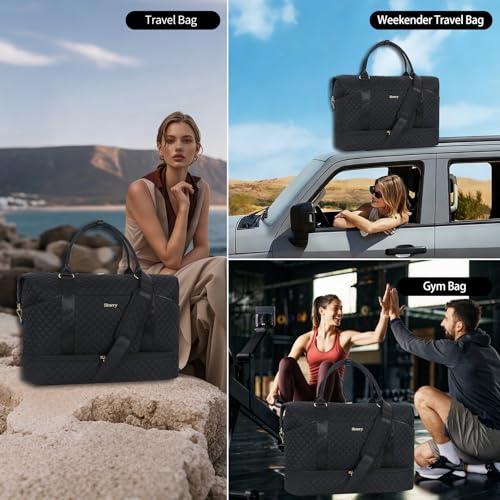 Weekender Bag, Large Travel Duffel Bag for Women, Carry on Overnight Bag with Shoe Compartment and Toiletry Bags - color: I-3PCS Black