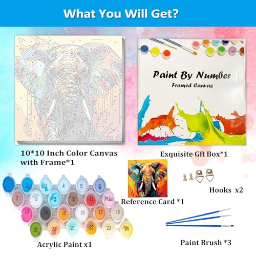 Artunion Framed Paint by Numbers Kit for Adults Beginners & Kids Ages 8-12,Colorful Elephant Paint by Number with Frame,Abstract Animal Paint by Numbers Kit on Canvas 10 * 10 Inch Without Easel - color: ZXT-325-F