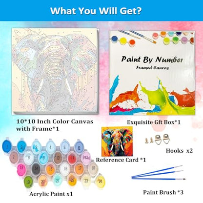 Artunion Framed Paint by Numbers Kit for Adults Beginners & Kids Ages 8-12,Colorful Elephant Paint by Number with Frame,Abstract Animal Paint by Numbers Kit on Canvas 10 * 10 Inch Without Easel - color: ZXT-325-F