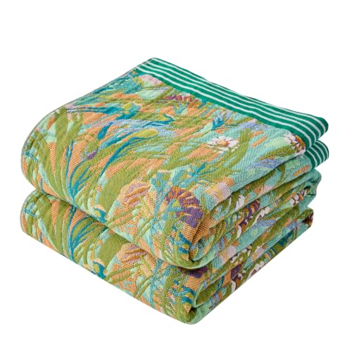 VANJOROY King Boho Throw Blanket, 100% Organic Cotton Breathable Skin-Friendly Ultra Soft 91" x 98" Bed Quilt Green Leaf Throw - Floral Rustic Luxury Reversible Blanket for Sofa Couch Chair and Gift - color: Flower-b-leaf, size: King (91" X 98")