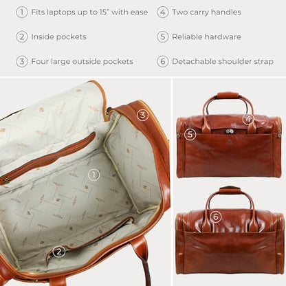 Time Resistance Leather Duffel Bag - Large Weekend Gym Travel Bag (Cognac Brown) - color: Cognac