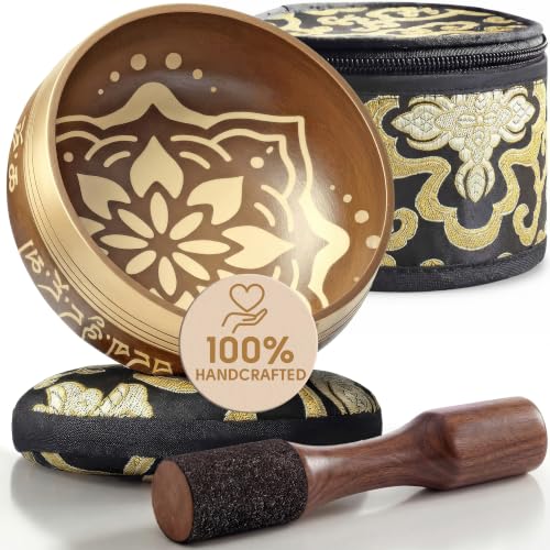 Silent Mind Tibetan Singing Bowl Set – Easy to Play & Beginner Friendly Meditation Bowl with Cushion, Mallet & Case | Stress Relief & Mindfulness | Gift-Ready - color: Matte Gold, size: With Case