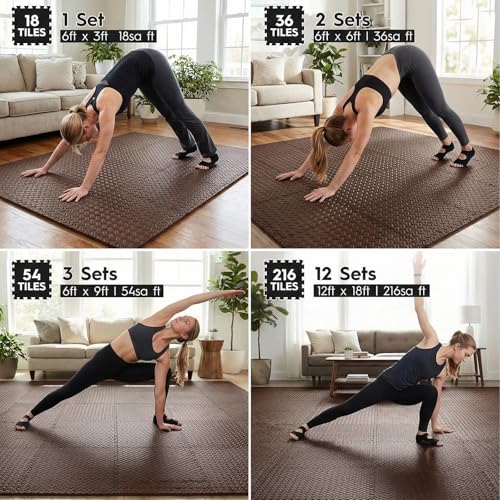 18 Pcs EVA Foam Floor Tiles, Puzzle Exercise Mat Set for Gym | Cover 18 sqft with 12.6" x 12.6" x 0.4" interlocking tiles for home gyms, garages and workout equipment - color: Brown