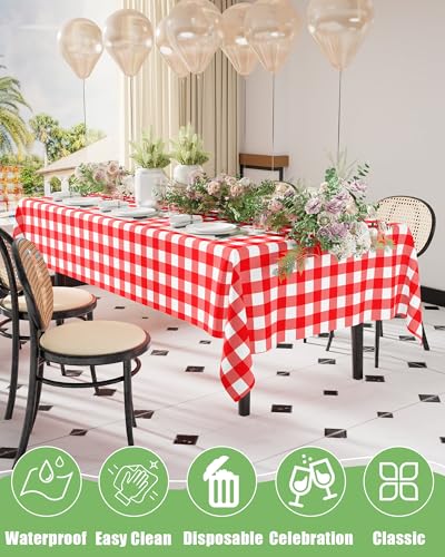 Smiry 8 Packs Gingham Disposable Table Cloth, 54 x 108 Inch Waterproof Plastic Tablecloth, Rectangle Red and White Checkered Table Covers for Picnic, Party, Birthday, Banquet - color: Red and White, size: 54"x108" (Pack of 8)