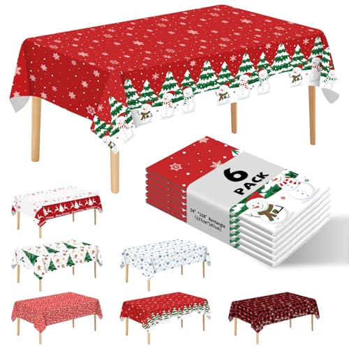 6 Pack Disposable Plastic Tablecloth - Christmas Snowman Table Cover for Party Decoration Supplies - 54 x 108 Inches (Christmas Snowman) - color: Christmas Snowman
