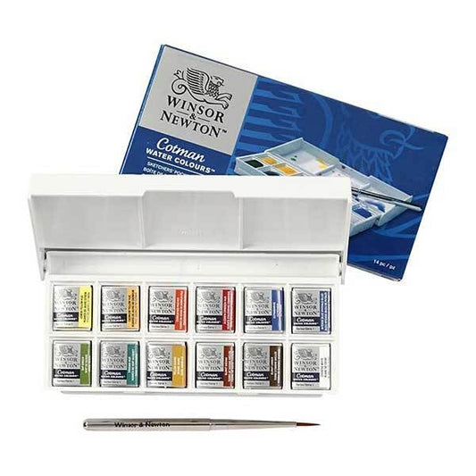 Winsor & Newton Cotman Watercolor Paint Set, Studio Set, 12 Half Pan with Brush