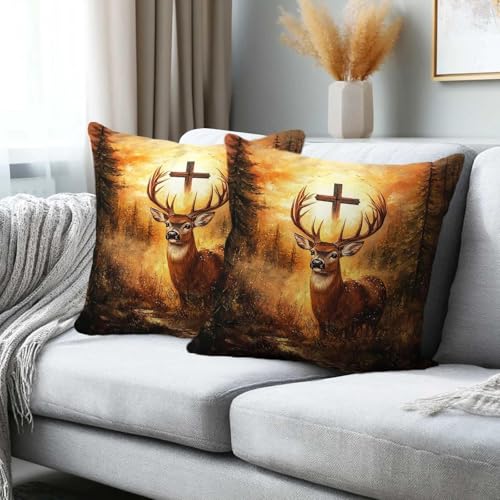 Deer Throw Pillow Covers 18x18 Set of 2 | Christian Cross Decorative Cushion Covers | Rustic Woodland Buck Pillowcases for Sofa Couch Bed Cabin Lodge Home Decor - color: Deer Forest