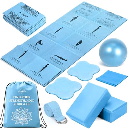 Foldable Non-Slip Yoga Mat and Blocks Set for Women, 9-Pcs Yoga Starter Kit - color: Blue