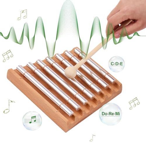 7 Tone Hand Chime with Wooden Mallet - Wood Meditation Chime Bell for Yoga, Sound Healing, Mindfulness & Classroom Management Hand Percussion Instrument for Teachers, Relaxation