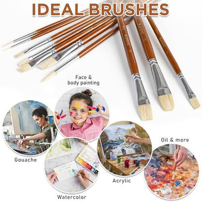 Short Handle Artist Paint Brush Set, 10-Piece Hog Hair Bristle | Strong Paint Pickup for Acrylic & Oil Painting, Comfortable Wood Handle, Kids & Adults - color: Brown