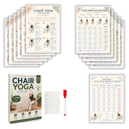 Chair Tai Chi Workout Chart & Yoga Poster for Seniors & Beginners | Set of 6 Illustrated Guides & 6 30-Day Challenges, Laminated Gentle Seated Exercise Charts for Mobility, Balance, Flexibility