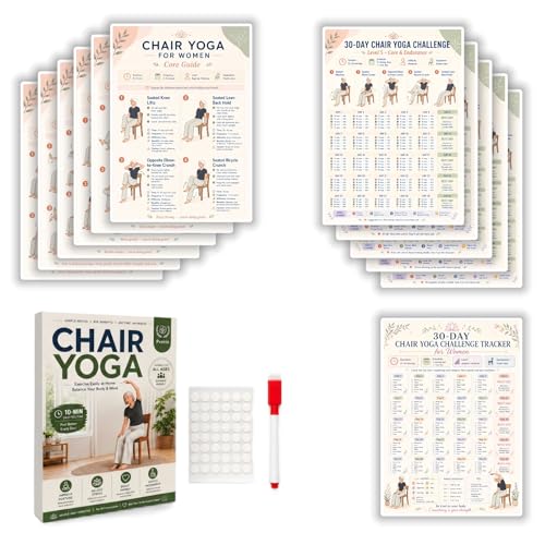 Chair Tai Chi Workout Chart & Yoga Poster for Seniors & Beginners | Set of 6 Illustrated Guides & 6 30-Day Challenges, Laminated Gentle Seated Exercise Charts for Mobility, Balance, Flexibility