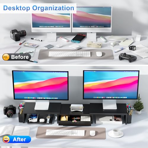 gianotter Dual Monitor Stand Riser With Drawer and 2 Pen Holders - color: Black