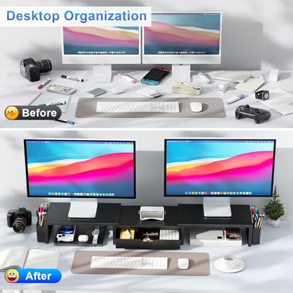 gianotter Dual Monitor Stand Riser With Drawer and 2 Pen Holders - color: Black