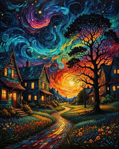Starry Paint By Numbers Kit For Adults, Country Night Paint By Number Kits For Beginner Moon Acrylic On Canvas Diy Oil Painting Kit Adults' Paint-By-Number Kits For Gift Home Wall Decor 16x20 Inch - color: DD052