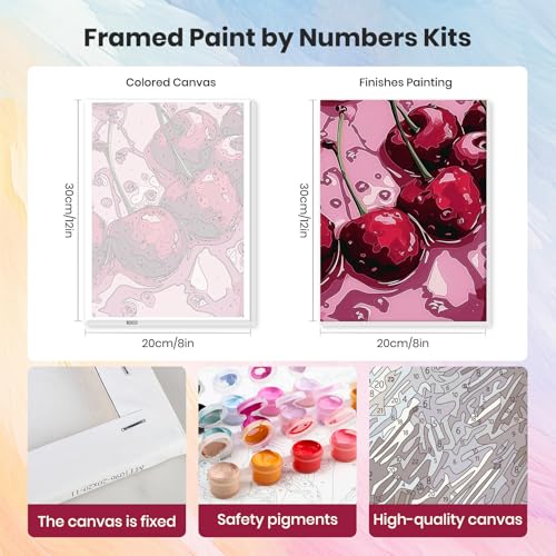 HEIBAGO Framed Paint by Numbers Kit Cherry for Adults, Paint by Numbers for Adults Beginner, Adult Paint by Number Kits on Canvas, DIY Painting by Numbers for Gift Home Wall Decor 8 x 12 Inch - color: Cherry