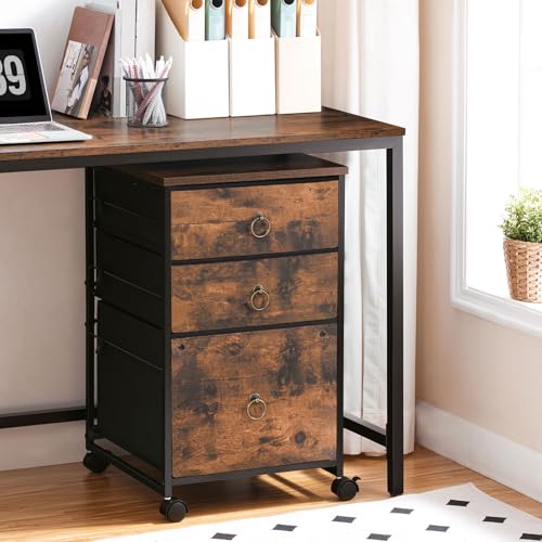 HOOBRO 3-Drawer Mobile File Cabinet, Vertical Filing Cabinet, Under Desk Cart with Drawers for Home Office, Rolling Printer Stand, A4/Letter-Sized, Fabric Drawer, Rustic Brown BF30WJ01 - color: Rustic Brown