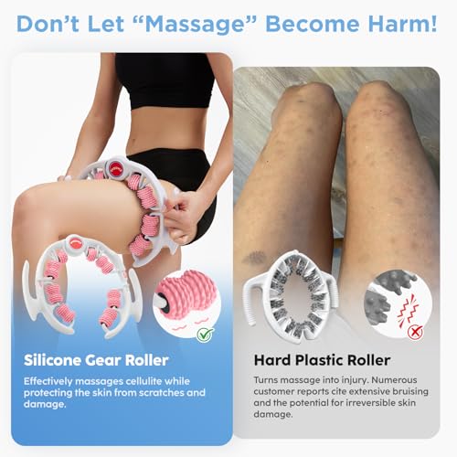 Cellulite Massage Tool - Lymphatic Drainage Massager - Muscle Roller, Deep Fascia Massage, Dimpled Skin Removal, Legs/Thighs/Buttocks, Anti-Cellulite Roller, Smooth Skin (14 Wheel - Pink) - color: White Pink
