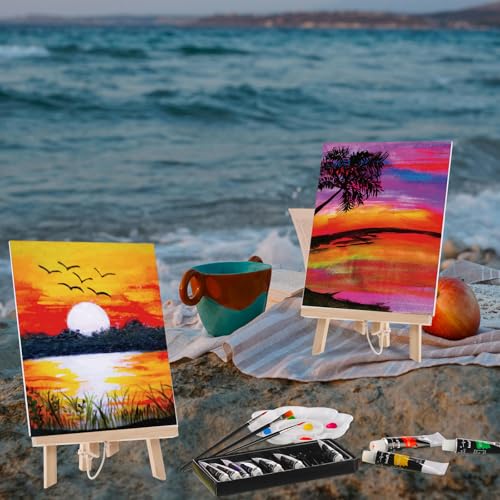 Ctosree 72 Pcs Vivid Sunset Paint and Sip Kit for Adults 8'' x 10'' Pre Drawn Canvas for Painting DIY Pre Printed Canvas for Party Favor Acrylic Painting Kit Wood Easel Brushes Date Night Bulk - style: Vivid Sunset
