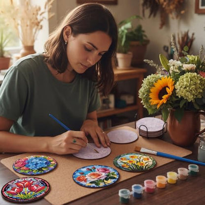 Reallnaive 8 Pcs Flower Paint by Numbers Kit for Adults Wood Floral Coaster | Mini Paint by Numbers, Tiny Round Oil Painting Drink Coaster with Holder, for Small DIY Craft Birthday Gift - style: Floral