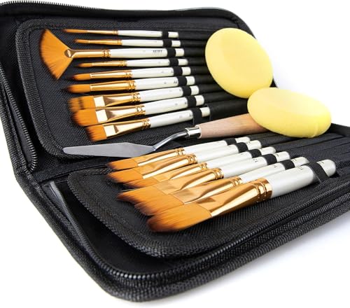 18 Piece Paint Brush Set, ARTIFY 15 Acrylic Paint Brushes, Palette Knife, and 2 Sponges, Professional Artist Paint Brushes for Acrylics, Watercolors, Gouache, Canvas, and Face Painting, Ivory White - color: White, size: 18 Pcs