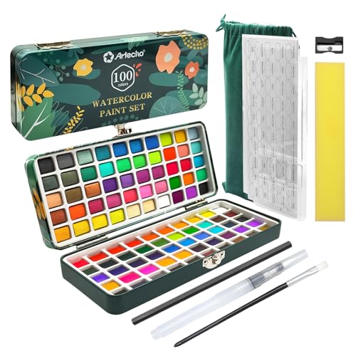 Artecho 100 Colors Watercolor Paint Set with Metallics, Portable Tin Case | 51 Classic, 35 Metallic, 4 Fluorescent & 10 Macaron/Candy Colors; Watercolor Paper and Brushes for On-the-Go Painting - style: 100 Colors
