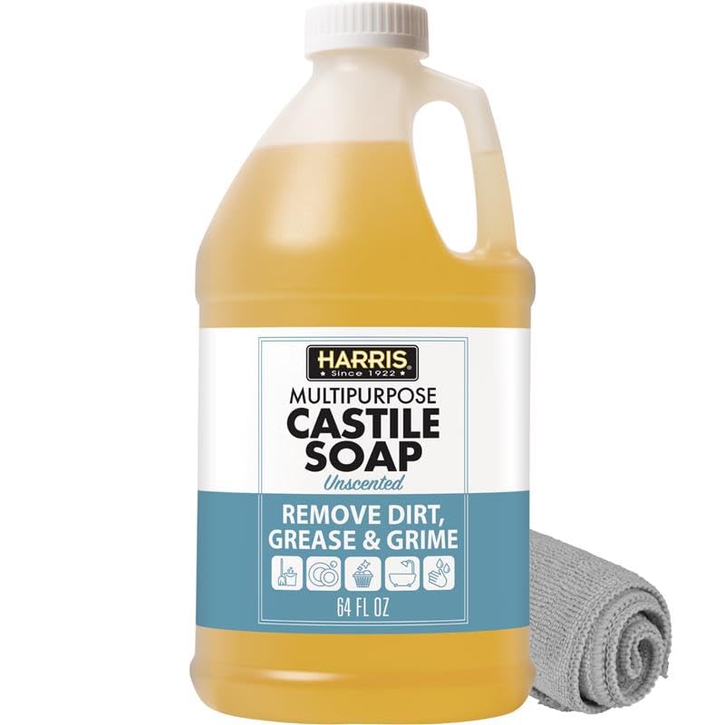 HARRIS Multi-Purpose Pure Liquid Castile Soap with Micro Fiber Towel for Home Cleaning, For Dish Soap, Laundry Detergent, Kitchen and Bathroom Surfaces, Kids Rooms, Unscented, 64 Oz