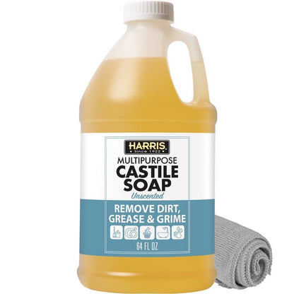 HARRIS Multi-Purpose Pure Liquid Castile Soap with Micro Fiber Towel for Home Cleaning, For Dish Soap, Laundry Detergent, Kitchen and Bathroom Surfaces, Kids Rooms, Unscented, 64 Oz