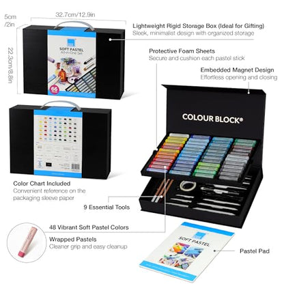 COLOUR BLOCK Soft Pastels All-in-One Art Set 66 PCS, 48 Nature Spectrum Colors Square Chalk Pastels, Blending Tools, Pencils, Brushes, Palette Knife, Pad for Beginners and Professional Artists