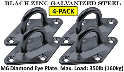 Heavy Duty Hammock Kits & Ceiling Hook Diamond Pad Eye Plates, 304 Stainless Steel & Black Zinc Galvanized Steel Corrosion Resistant, 2, 4 & 8 Packs - color: 4-Pack-Black-M6