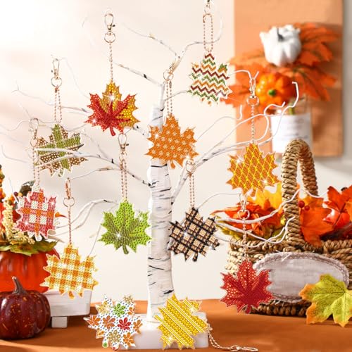 WILLBOND 30 Pcs Fall Thanksgiving Diamond Art Keychains for Adults, Maple | Fall Diamond Art, Double Sided, DIY Maple Leaf, Fall Diamond Painting Keychain Ornaments Kits for Adults Crafts Gifts Decor - color: Maple Leaf