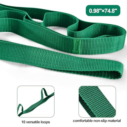 Stretching Strap Yoga Strap Physical Therapy for Home Workout, Exercise, Pilates and Gymnastics, 10 Loops Non-Elastic Stretch Bands with Aesthetic Packaging for Women Men - color: Green