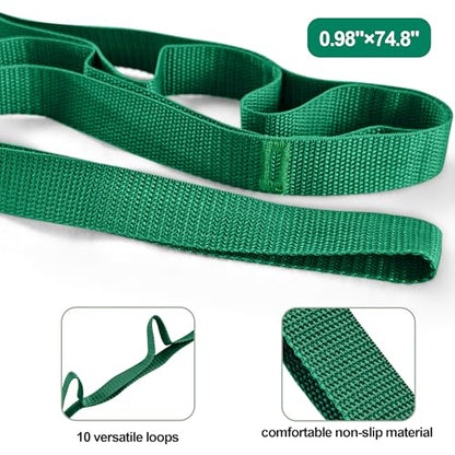 Stretching Strap Yoga Strap Physical Therapy for Home Workout, Exercise, Pilates and Gymnastics, 10 Loops Non-Elastic Stretch Bands with Aesthetic Packaging for Women Men - color: Green