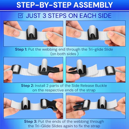 TECEUM 1" Nylon Strap Kit with Buckles, White 6 yards Repair Set | Heavy duty hardware kit: 6yd webbing, 6 quick release buckles, 12 tri-glide slide clips, 6 metal D-rings for crafting. - color: White, size: 1" - 6 yards, style: 6 Buckle - 12 Slides - 6 D