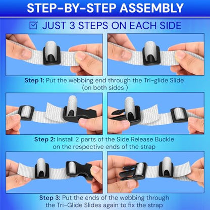 TECEUM 1" Nylon Strap Kit with Buckles, White 6 yards Repair Set | Heavy duty hardware kit: 6yd webbing, 6 quick release buckles, 12 tri-glide slide clips, 6 metal D-rings for crafting. - color: White, size: 1" - 6 yards, style: 6 Buckle - 12 Slides - 6 D