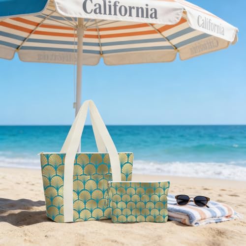 IAXIC Waterproof Tote Bag and Wet Bag Set, Summer Pattern Design for Beach Travel Gym Holiday Gifting - color: Gold Scallop