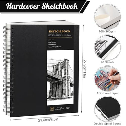 Hardcover Spiral Sketchbook, 160gsm Paper, 40 Sheets, 8.5 × 11 in | Acid-Free Thick Paper, 360° Lay-Flat Spiral Binding, Hardcover, for Pencil, Ink & Charcoal