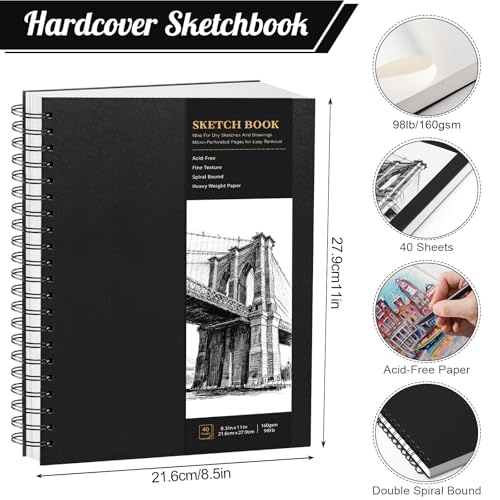 Hardcover Spiral Sketchbook, 160gsm Paper, 40 Sheets, 8.5 × 11 in | Acid-Free Thick Paper, 360° Lay-Flat Spiral Binding, Hardcover, for Pencil, Ink & Charcoal