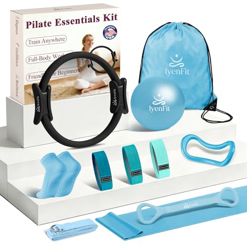 Pilates Ring and Small Ball Set for Women with 5 Resistance Bands, 14 inch Magic Circle Home Workout Essentials Starter Kit for Beginners, Yoga Sets for Full Body Toning Shape