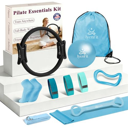 Pilates Ring and Small Ball Set for Women with 5 Resistance Bands, 14 inch Magic Circle Home Workout Essentials Starter Kit for Beginners, Yoga Sets for Full Body Toning Shape