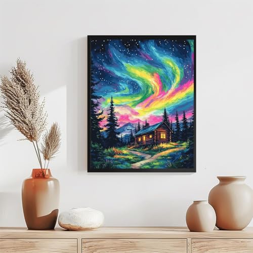 Aurora Paint by Numbers Kit for Adults Beginner,Wooden House Adult Paint by Number Kits on Canvas with Frame,Night Sky DIY Acrylic Oil Painting by Numbers Kits for Home Wall Decor 9.5x11.8 inch - color: paint by number-aurora-1203