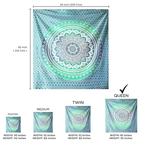 raajsee Large Green Ombre Mandala Tapestry Wall Hanging,Indian Cotton Beach Throw Blanket Hippie Queen Boho Décor,Meditation Yoga Mat Rugs,82x92 Inches - color: Green Ombre, size: 92"L x 82"W