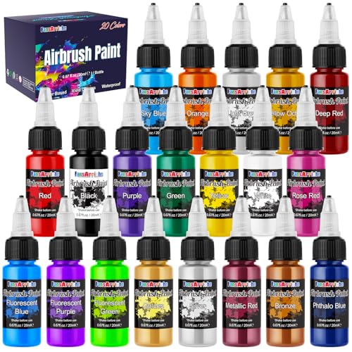 FansArriche Airbrush Paint, 20 Colors x 20 ml Acrylic Air Brush Paint Kit | Ready to Spray, Water-Based, Opaque & Neon Colors, Pearl Colors, Air Brush Painting Set for Beginners, Artists, DIY Projects