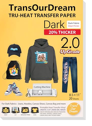 TransOurDream Dark 2.0 Heat Transfer Paper for Dark Fabrics, 20pcs 8.5x11 | Ideal for Thick Dark Cotton Fabric, Works for Inkjet Printer, Suitable for Cutting Machine, Machine-Washable, Strong Adhesive - color: Dark 2.0, size: 20 sheets