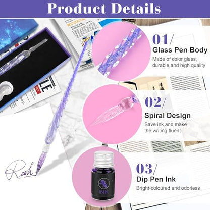 Luxiv Glass Dip Pen Set, Purple Crystal Pen With Ink, Holder, and Package - color: Purple, style: Basic
