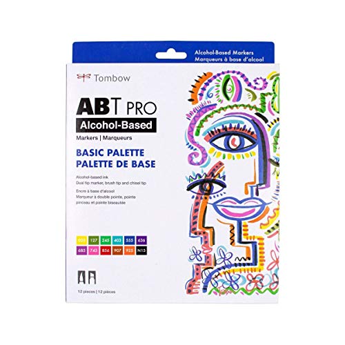 Tombow 56961 ABT PRO Alcohol Markers, Basic Palette, Set of 12 Colors - Dual Tip, Permanent Art Markers Feature Chisel and Brush Tips Perfect for Coloring, Sketching, and Illustration - color: Basic Palette, size: 1 Count (Pack of 12)